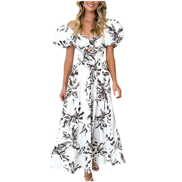 Pisexur Womens Dresses Slip Shoulder Floral Print Maxi Dress Strapless Prom Dresses Front Twist Tunic Sun Dress Ruffle Hem Tiered Flowy Cocktail Dress Summer Casual Boho Formal Long Dress