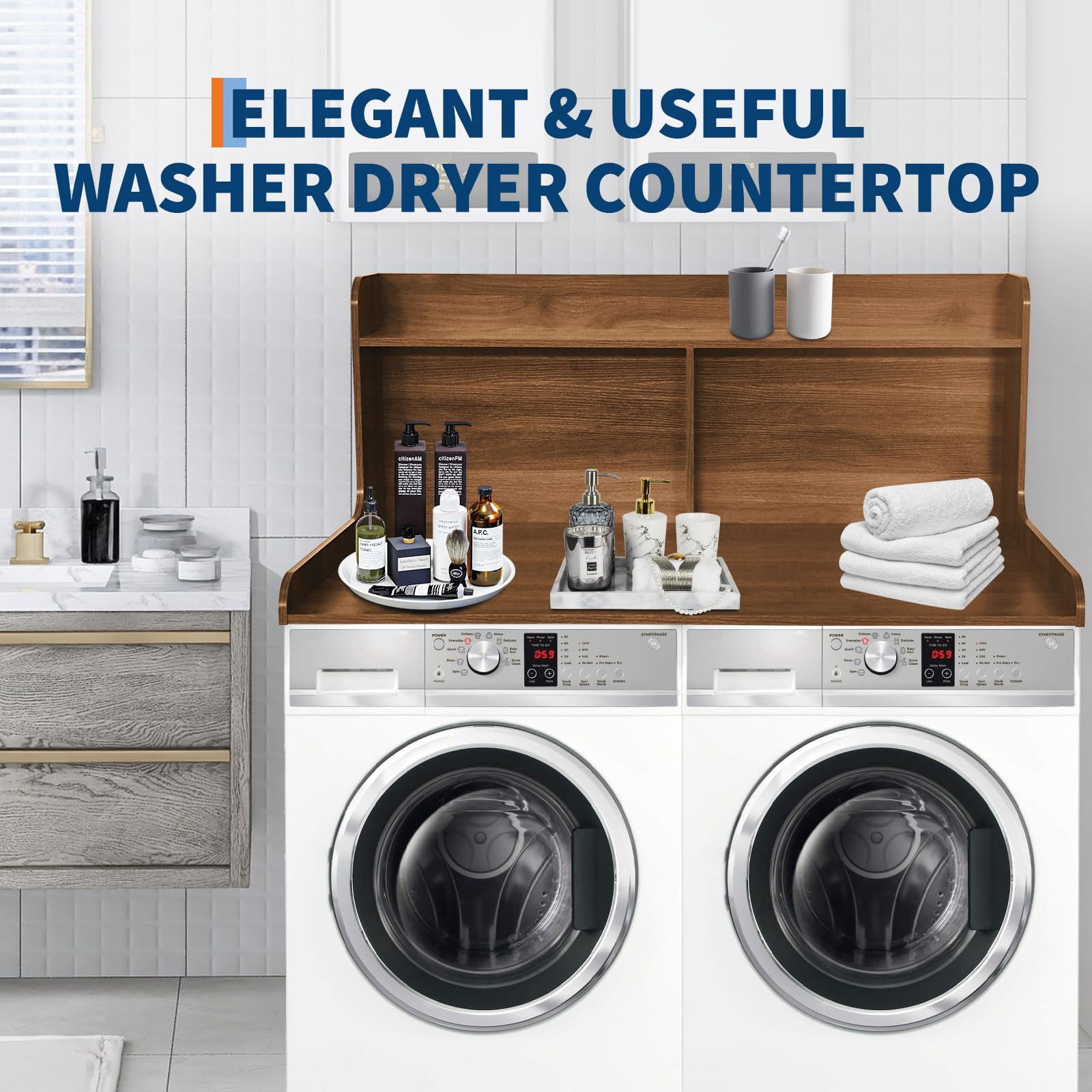 Huisuilinss 2-Tier Washer Dryer Countertop,Waterproof Washer Dryer Cover,Wood Laundry Countertop Cover With Edge Rails,Anti-Slip Pads,Laundry Topper For Folding Clothes Over Washer And Dryer