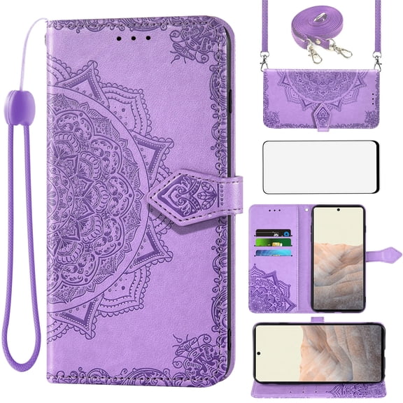 Asuwish Screen Protector Included Mandala Flower Hard Shell Wallet Cell Phone Case with Tempered Glass Screen Protector for Google Pixel 6 Pro, Purple