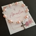 thumbnail image 2 of Pulsera Perla rosa, Cristal Y Dije De Cruz, Recuerdo Con Tarjeta Personalizada Para Bautizo, Primera Comunión, Confirmación, Boda, xv Años,etc.Paquete de 10 Piezas, 2 of 5