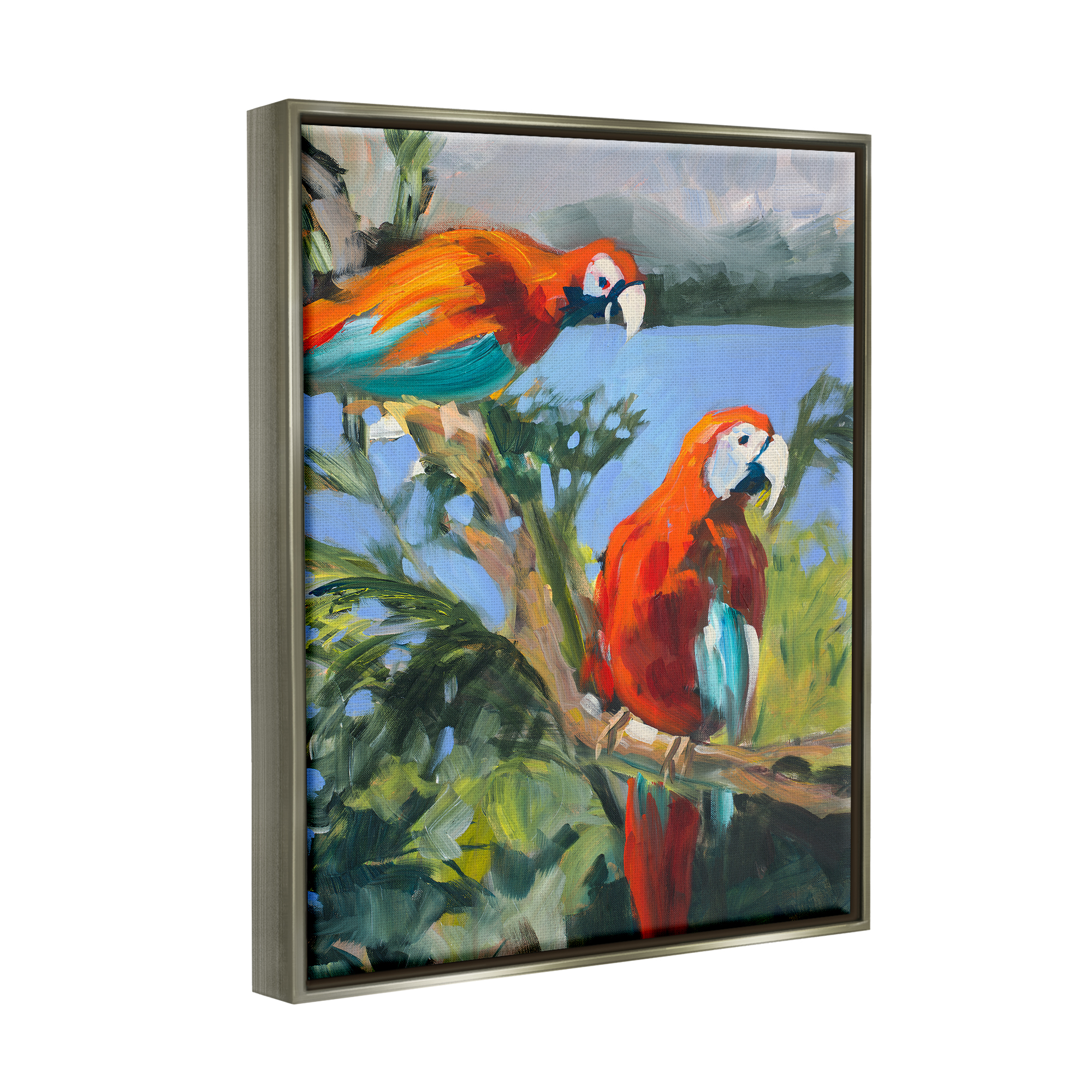 Stupell Industries Parrots at Bay Painting Animals & Insects Painting Gray Floater Framed Art Print Wall Art, 25 x 31