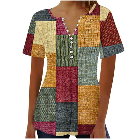 Yxnmud Women s V-Neck Casual Short Sleeve Printed Buttoned Basic Ruched Corset Tunic Tops Pleated T-shirt Blouses