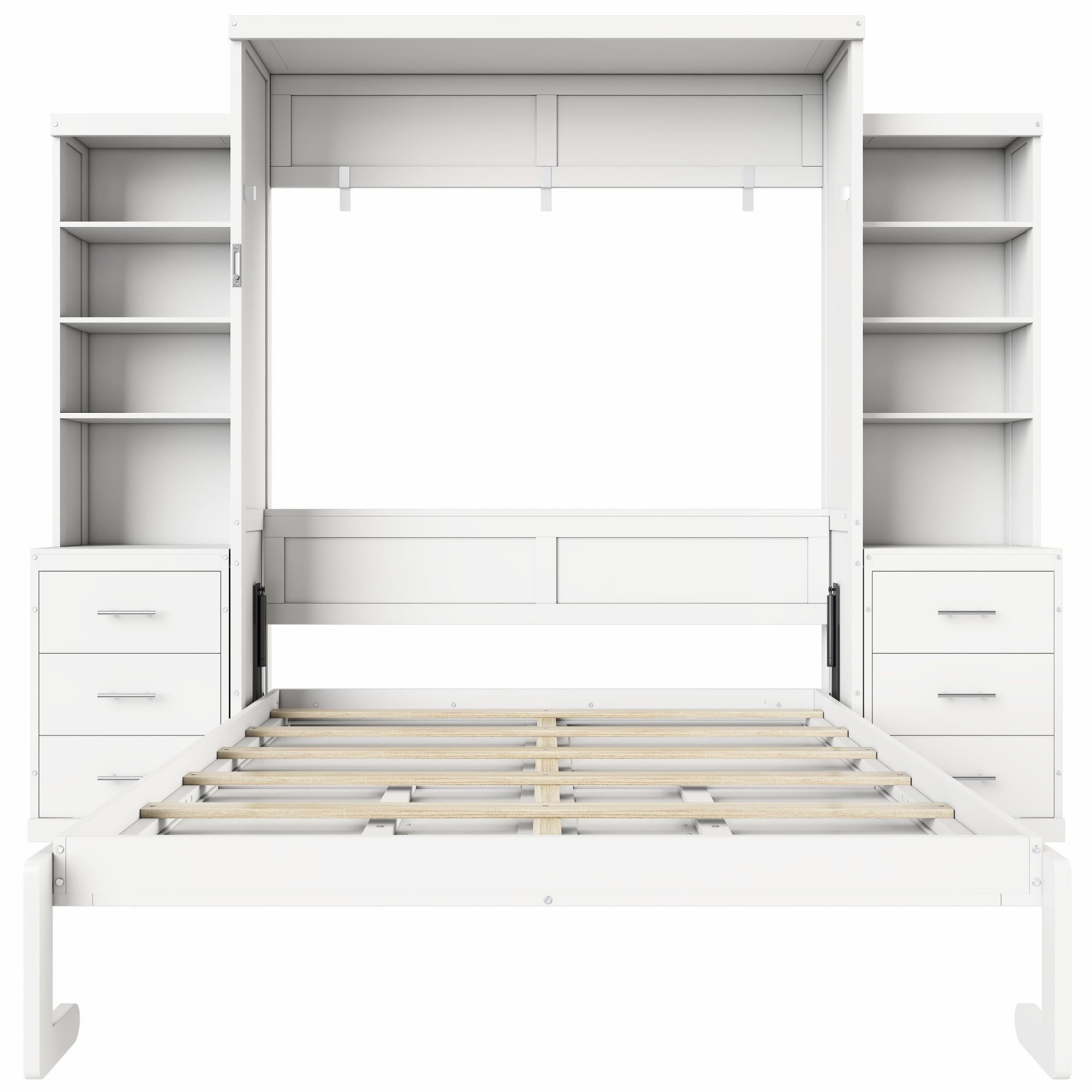 Full Size Murphy Bed with Dual 4 Storage Shelves and 3 Drawers Cabinet for Space-Saving Guest Room