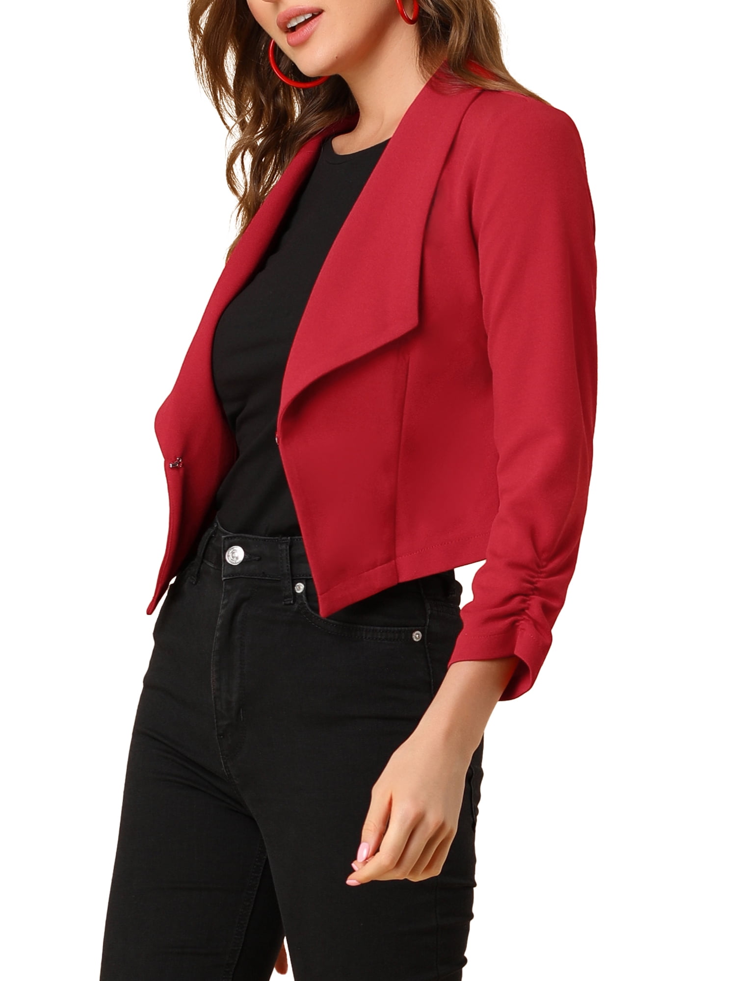 DARING DIVA Women's Notched Lapel Ruched Sleeve Crop Blazer L Red