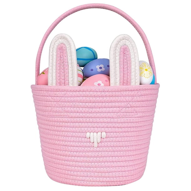 Cesta de Pascua para niños y bebés, cesta de Pascua para bebé con asa, cesta vacía para huevos de conejito, cestas de Pascua para niños, niñas, bebés, cesta de regalo de Pascua personalizada (rosa)