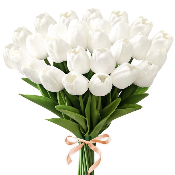 Xiao Hua Ramo de 8 tulipanes artificiales blancos con tacto real de PU, ideal para decoración del hogar, la oficina, fiestas y bodas.