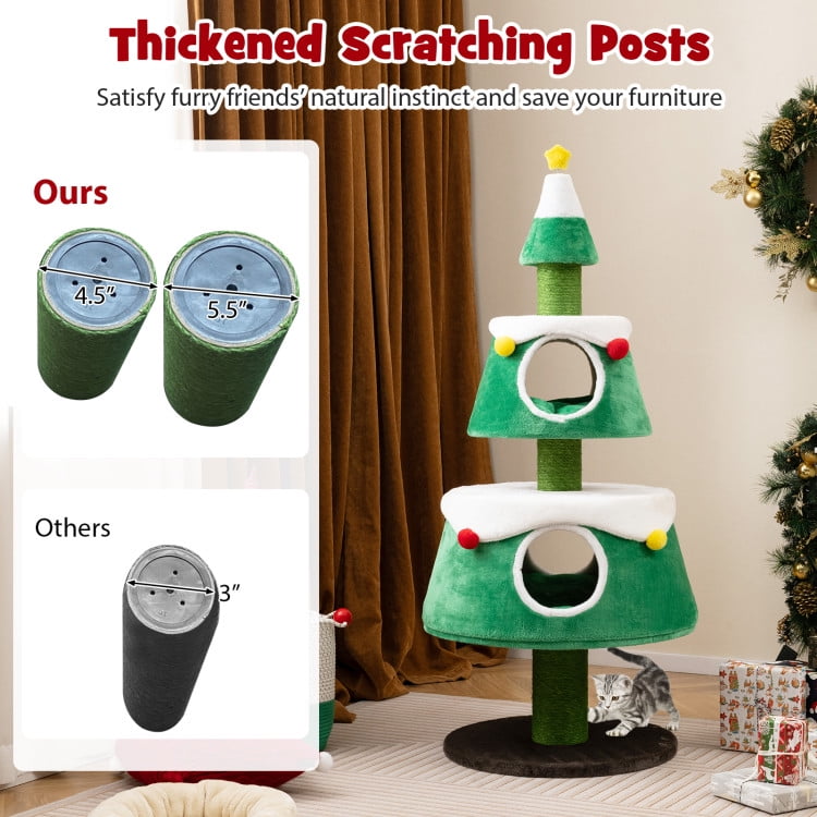 Pefilos 60" Tall Christmas Cat Tree Tower for Indoor Cats, Multi-Level Cute Holiday Cat Tree Play House with 2 Condos, Green