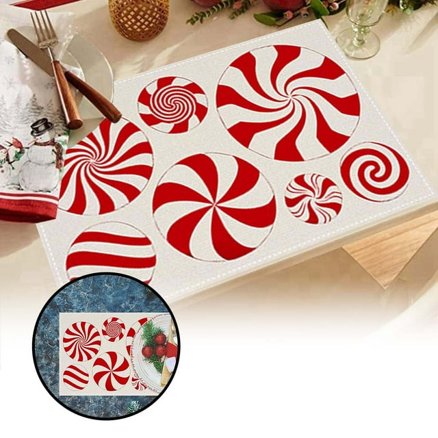 Sets de Table Bonbons de Noël Rouges Mignons Canne de Bonbon Napperon en Lin Toile de Jute Lavable Double Isolation Thermique pour Table à Manger Table de Cuisine Napperons Modernes pour Tables Rondes