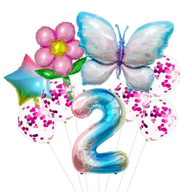Set de globos con forma de mariposa y flor para segundo cumpleaños, 9 unidades