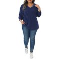 thumbnail image 2 of Plus Size Top for Women 3/4 Sleeve V Neck Button Decor Casual Solid Tees Shirts 2X Navy Blue, 2 of 5