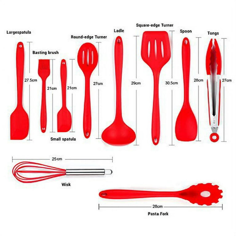 10-Piece Silicone Cooking Set Red- Spoons, Turners, Spatula & 1 Ladle Etc -  Heat Resistant Kitchen Utensils - Easy to Clean