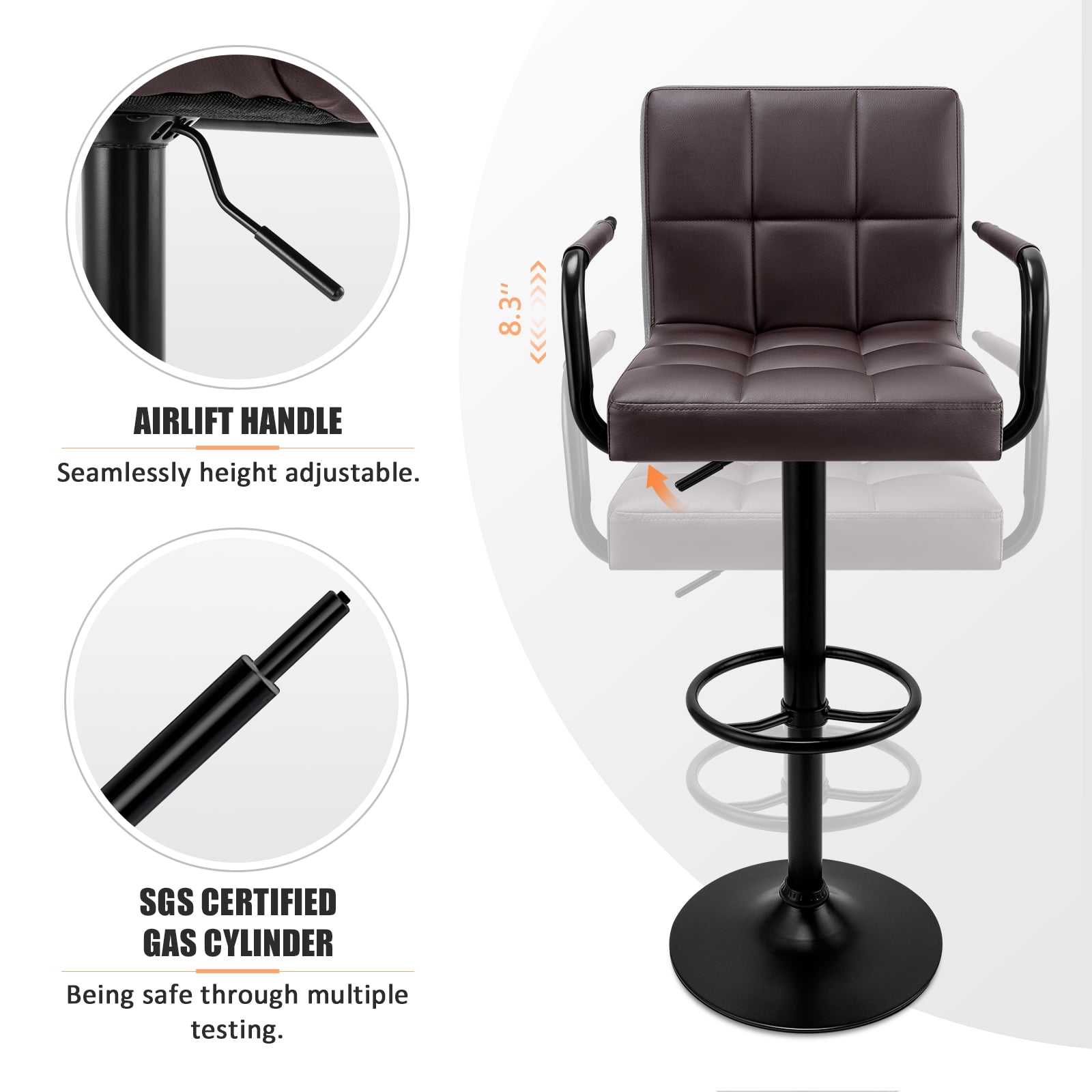 Soontrans Bar Stools Set of 2 Swivel Counter Height Stools with Arms and Back, Adjustable Island Chairs for Kitchen, Modern Barstools with Backrest and Armrest(Coffee, 2Pcs)