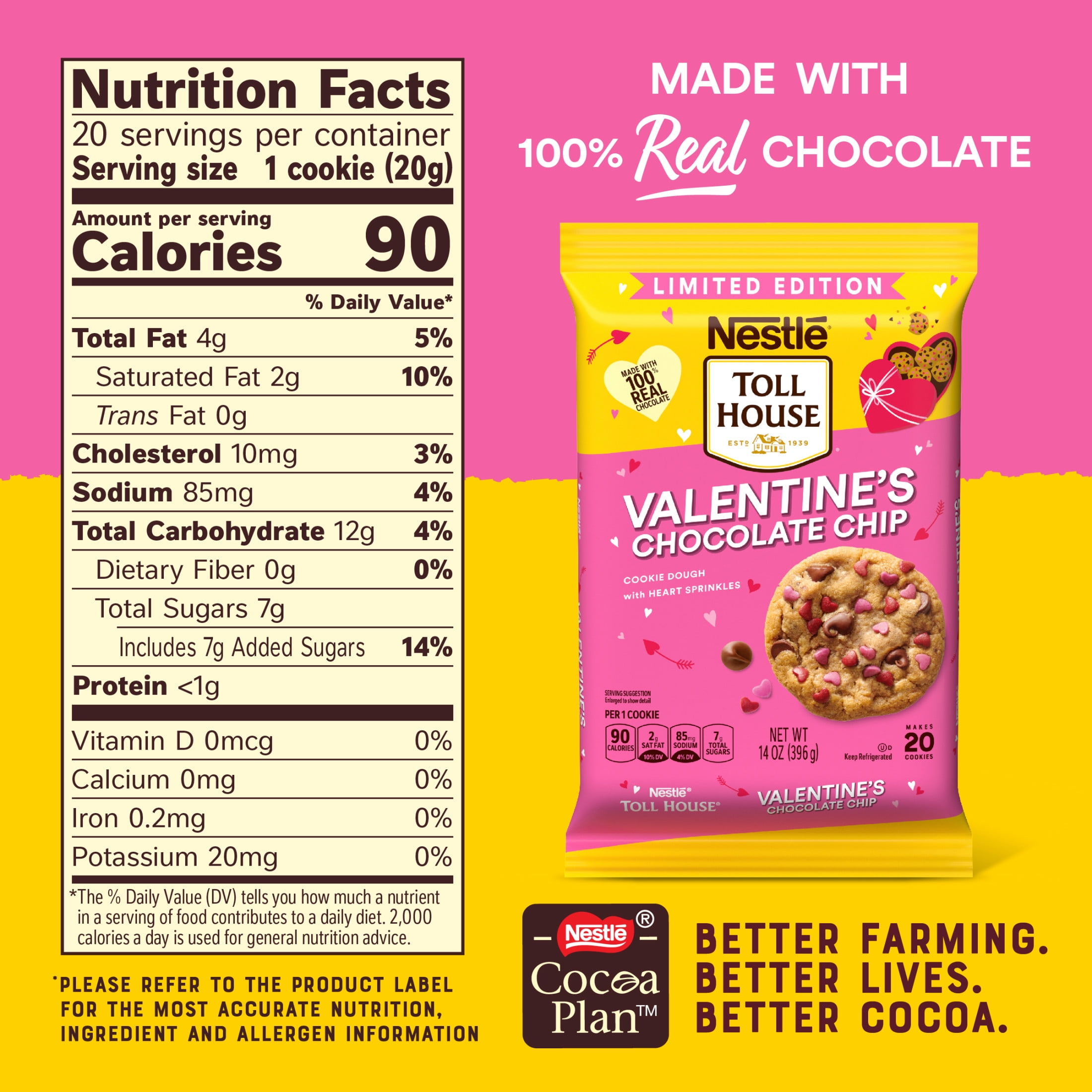 Nestle Toll House Ready to Bake Chocolate Chip Cookie Dough with Heart Sprinkles for Valentines Cookies, 14 oz