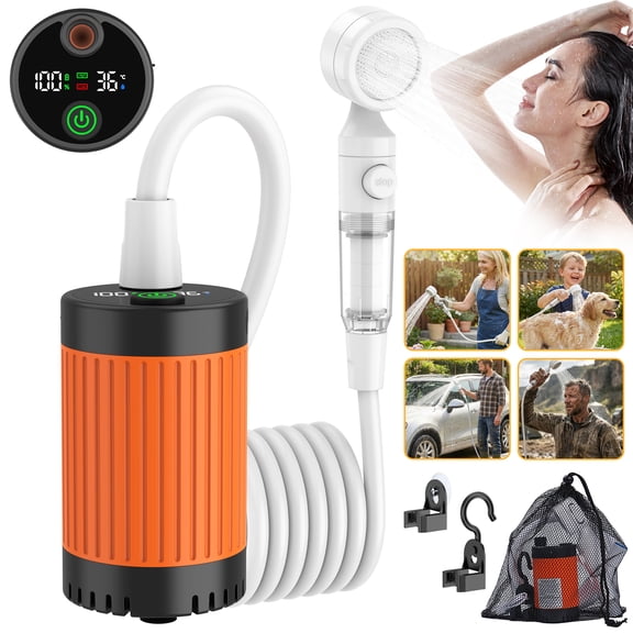 BNISE Portable Camping Shower with Smart LED Temp Display, 6000mAh Rechargeable Camp Shower Pump, 3-Mode Filtered Showerhead for Outdoor, RV, Pet, Car