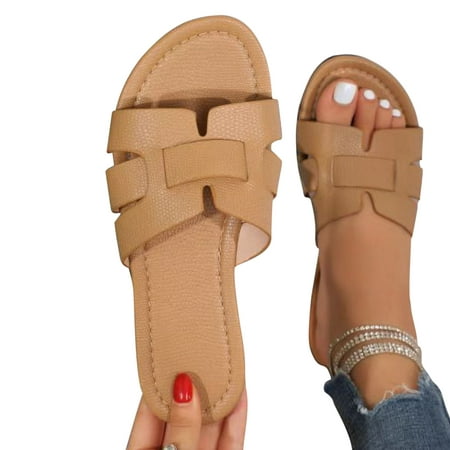 

Miluxas Summer Sandals Clearance Women s Crocodile Embossed Flat Sandals Cross Strappy Open Toe Slide Sandals Khaki 9.5(43)
