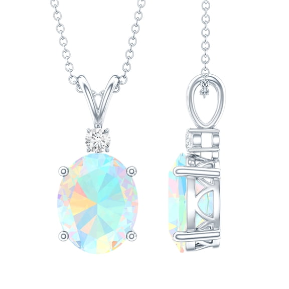 Oval Ethiopian Opal Solitaire Pendant Necklace with Diamond (1 Carat), 925 Sterling Silver