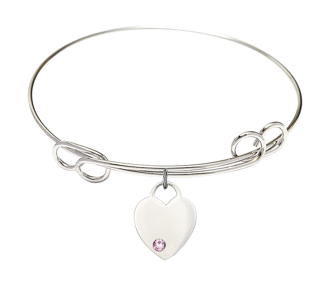 Heart Charm On A 7 1/2 Inch Round Double Loop Bangle Bracelet