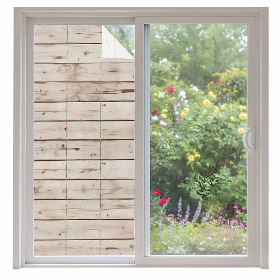 Vintage Farmhouse Window Privacy Film, Country Retro Beige Wooden Grain Static Cling UV Sun Blocking Heat Control Window Tint Day and Night, Non-Adhesive One Way Windows Privacy Cover 35.4''x78.7''