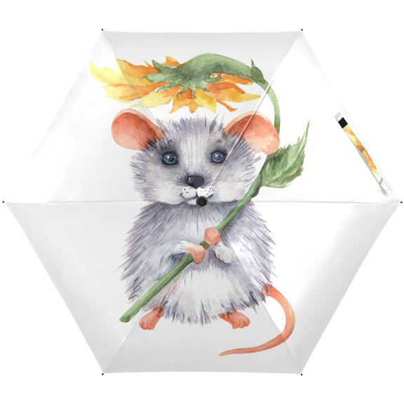 JSTEL Cute Mouse Sunflower Funny Folding Umbrella for Rain Sun Travel Mini Lightweight Compact Umbrellas