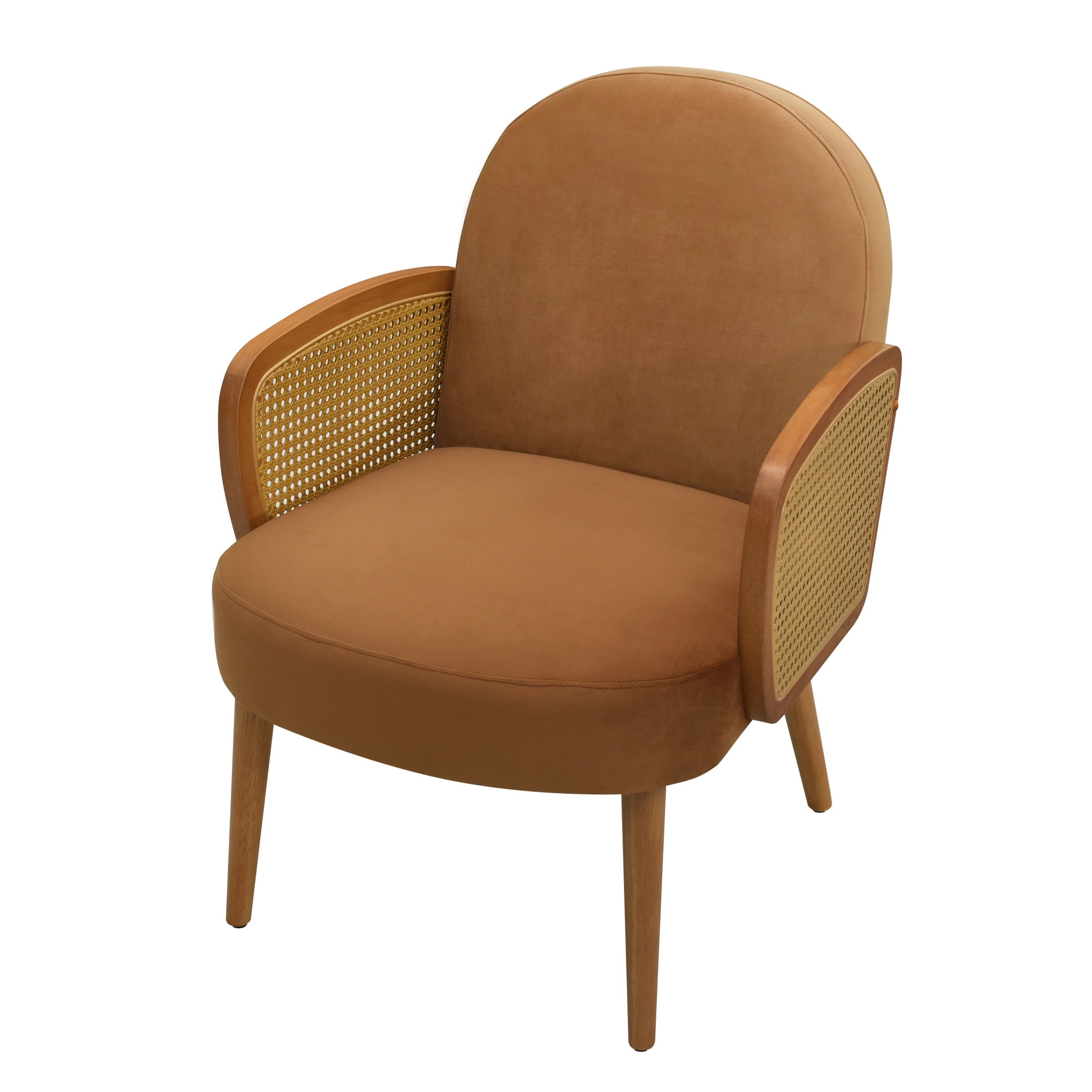 Christopher Knight Home Miles Mid-Century Velvet Upholstered Accent Chair with Rattan Armrests, Solid Wood Legs, Brown