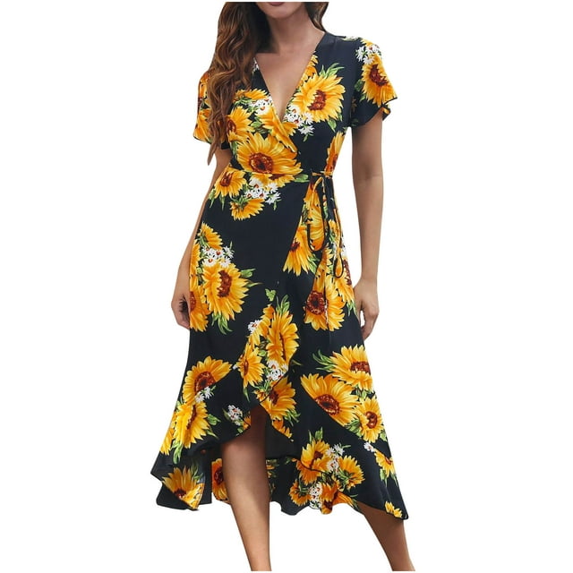 JURANMO Women 2023 Summer Boho Dress Casual Print Short Crewneck Dress ...