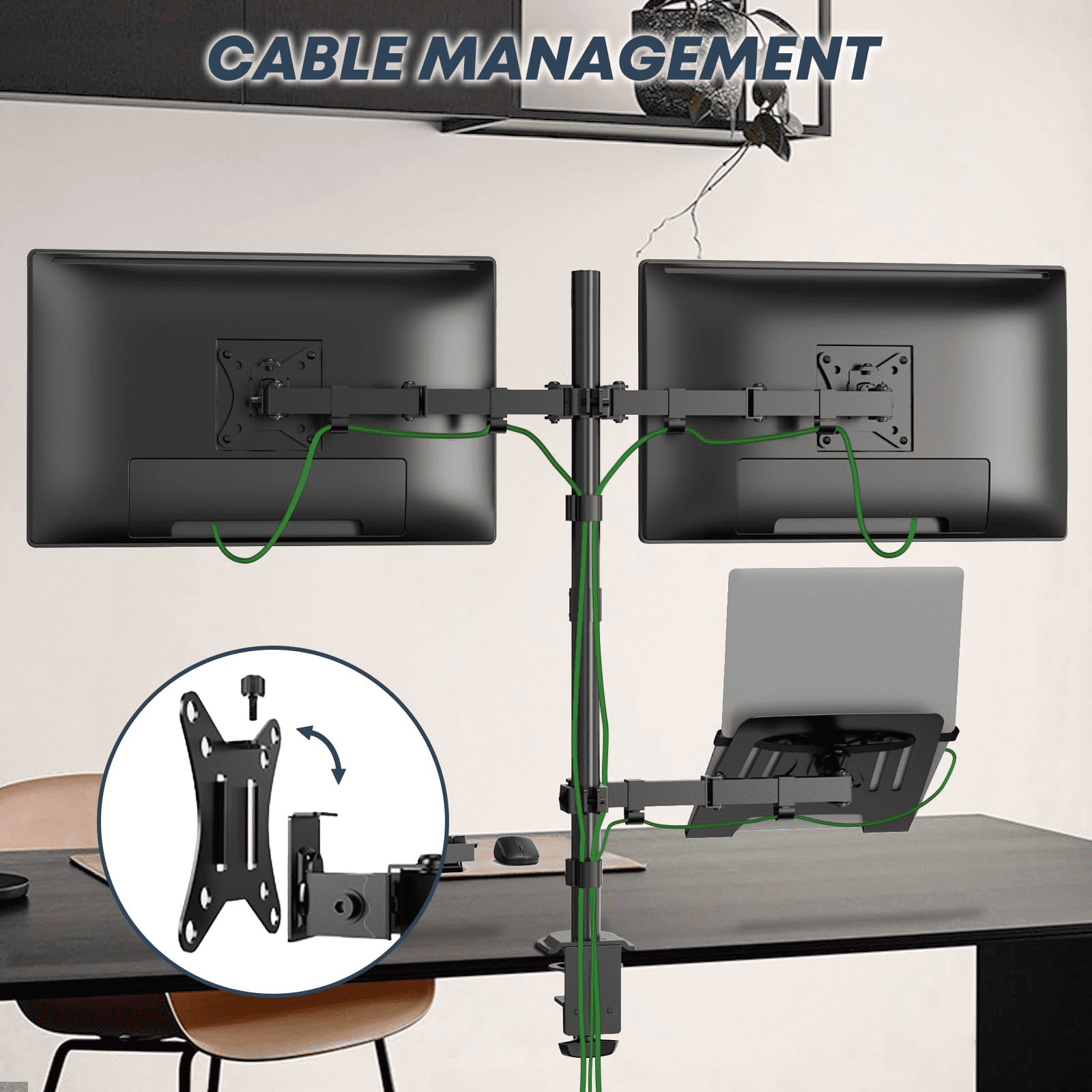 PUTORSEN Dual Monitor Stand and Laptop Mount Fit Two 17 to 32 Inch Monitor and 10 to 15 Inch Laptop,Extra Tall Adjustable Stand,19.8 lbs Weight Capacity per Arm,Black