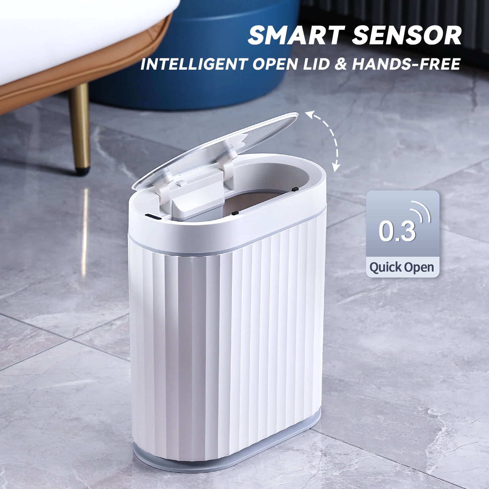ELPHECO Motion Sensor Smart Trash Can with Lid 2 Gallon Automatic Garbage Can, 10 L Slim Plastic , Commercial Intelligent Trash Bin for Bedroom, Bathroom, Kitchen, Office