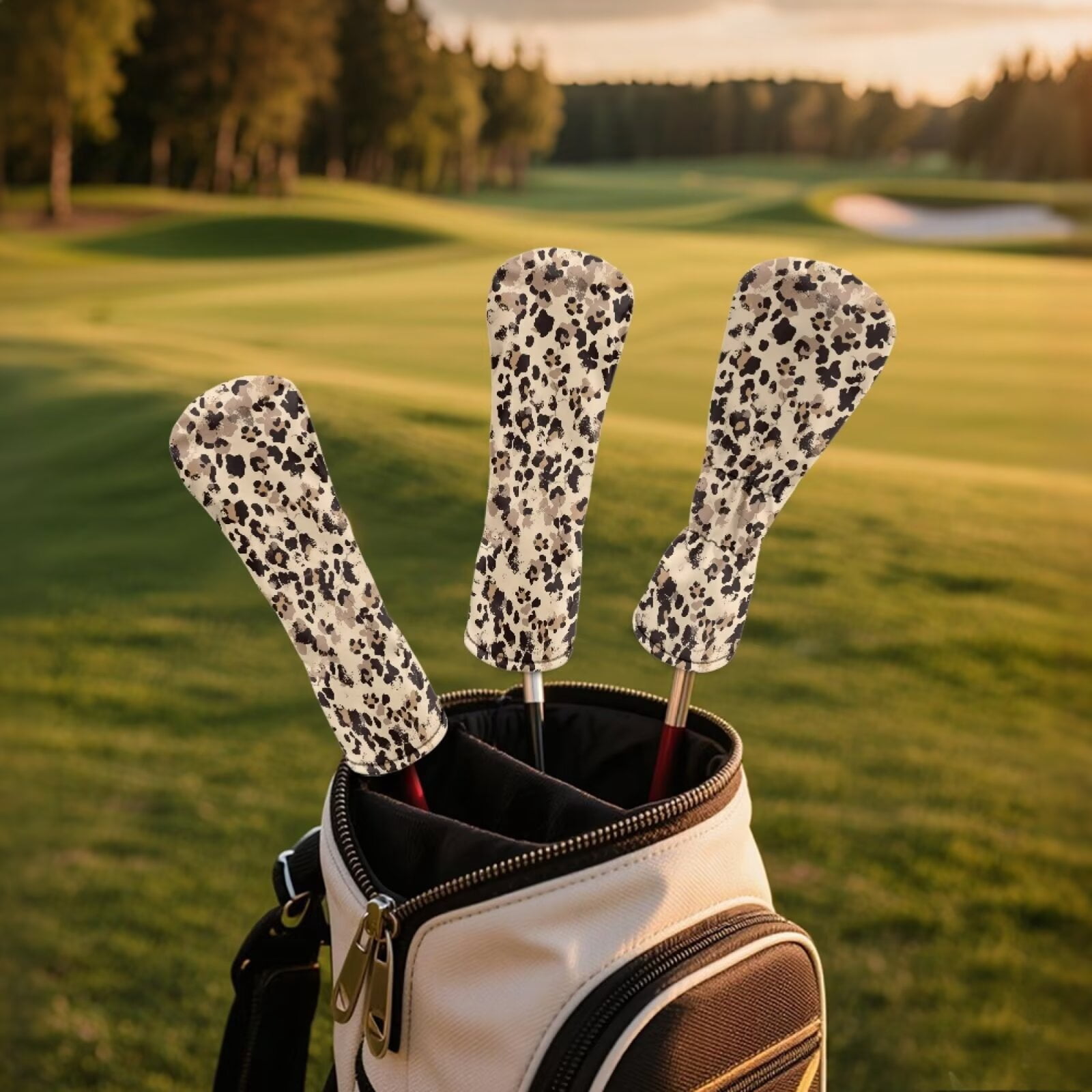 Uorisanigo Golf Club Head Cover PU Leather Brown Cow Leopard Print Headcovers 3 Pcs Set Includes Driver Headcover Fits Drivers, Golf Fairway Wood Headcover and Hybrid Head Cover
