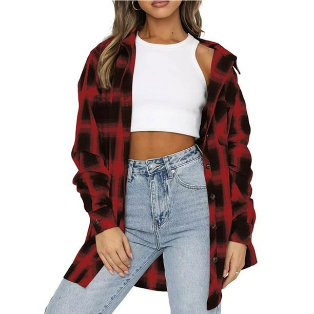 Puntoco Mujer Primavera y Otoño Solapa top Suelto Casual Abotonado Manga Larga Camisa A Cuadros Chaqueta Rollbacks Puntoco Puntoco-4625