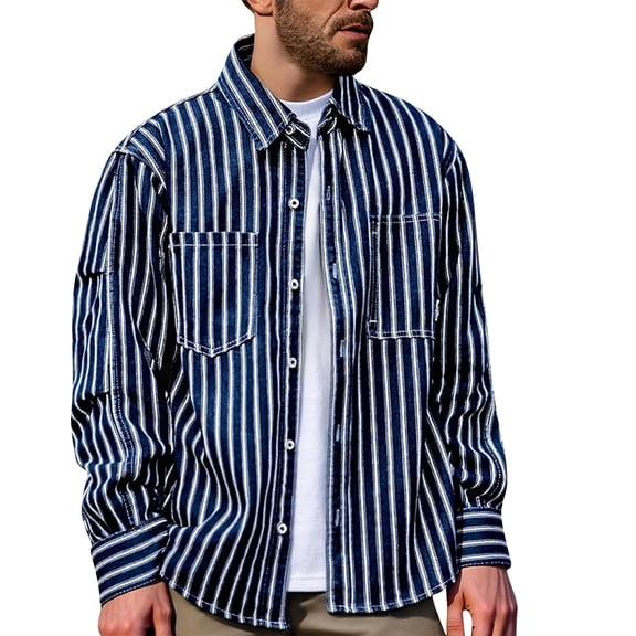 LEKWK Men's Heavyweight Striped Shirt Retro Workwear Long Sleeve Button Down Top Durable Cargo Style Casual Streetwear Jacket