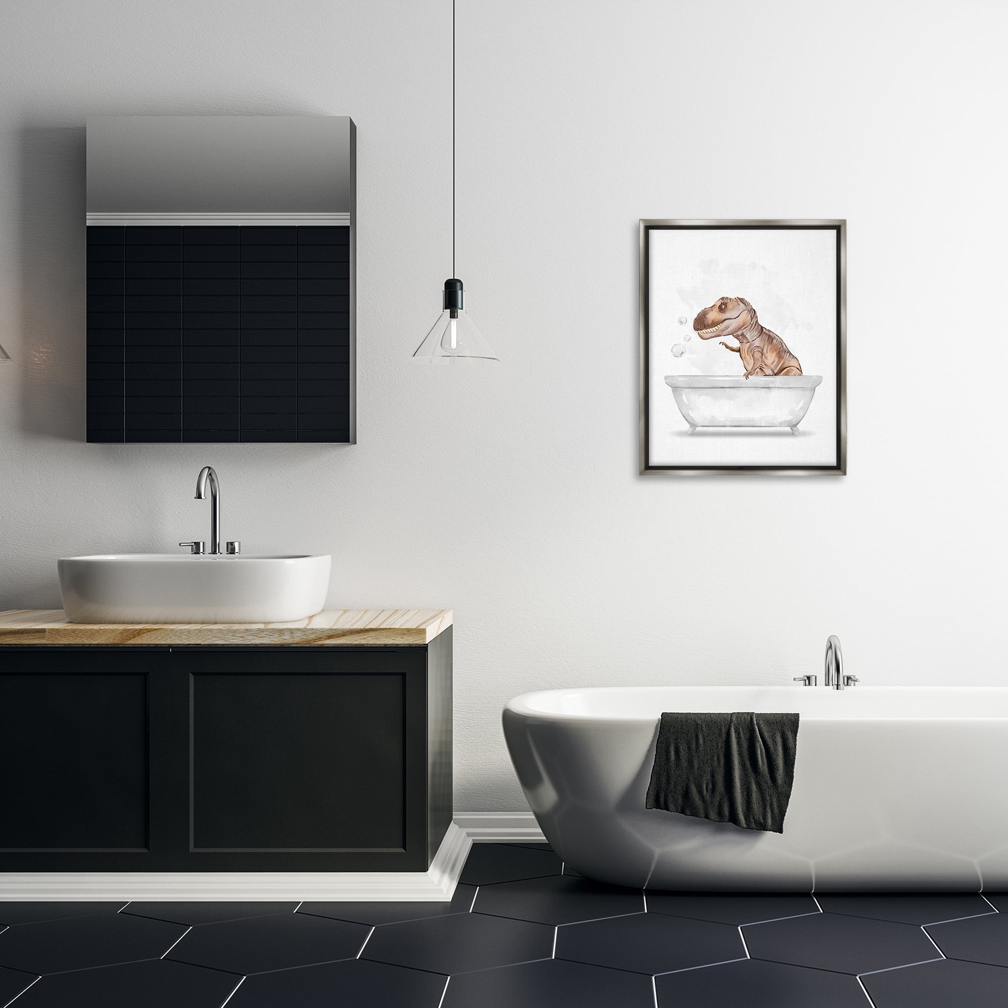 Stupell Industries T-Rex Dino in Bubble Bath Animals & Insects Painting Gray Floater Framed Canvas Art Print Wall Art, 25 x 31