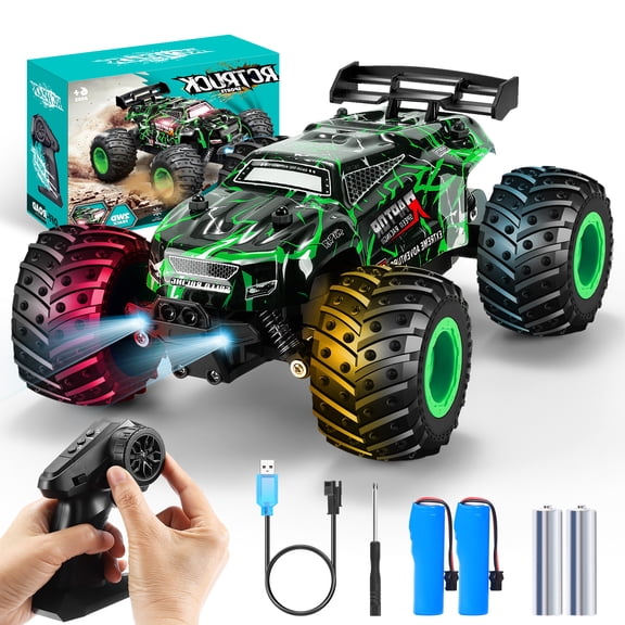 Remote Control Car, All-Terrain Rechargeable Rc Truck with LED Light, 20KM/H, Sturdy PVC Shell, 2-Batteries, Rc Cars for Boys 4-7 8-12