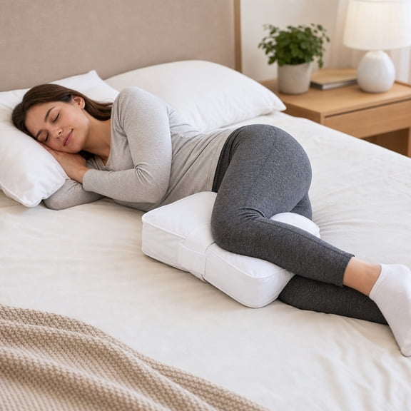 Knee Pillow for Side Sleepers White 34x24x9.5cm, PP Cotton Leg Separator Cushion, Sleep Support Knee Alignment Pillow, Pregnancy Hip Pain Relief Leg Positioner with Fixing Strap Washable
