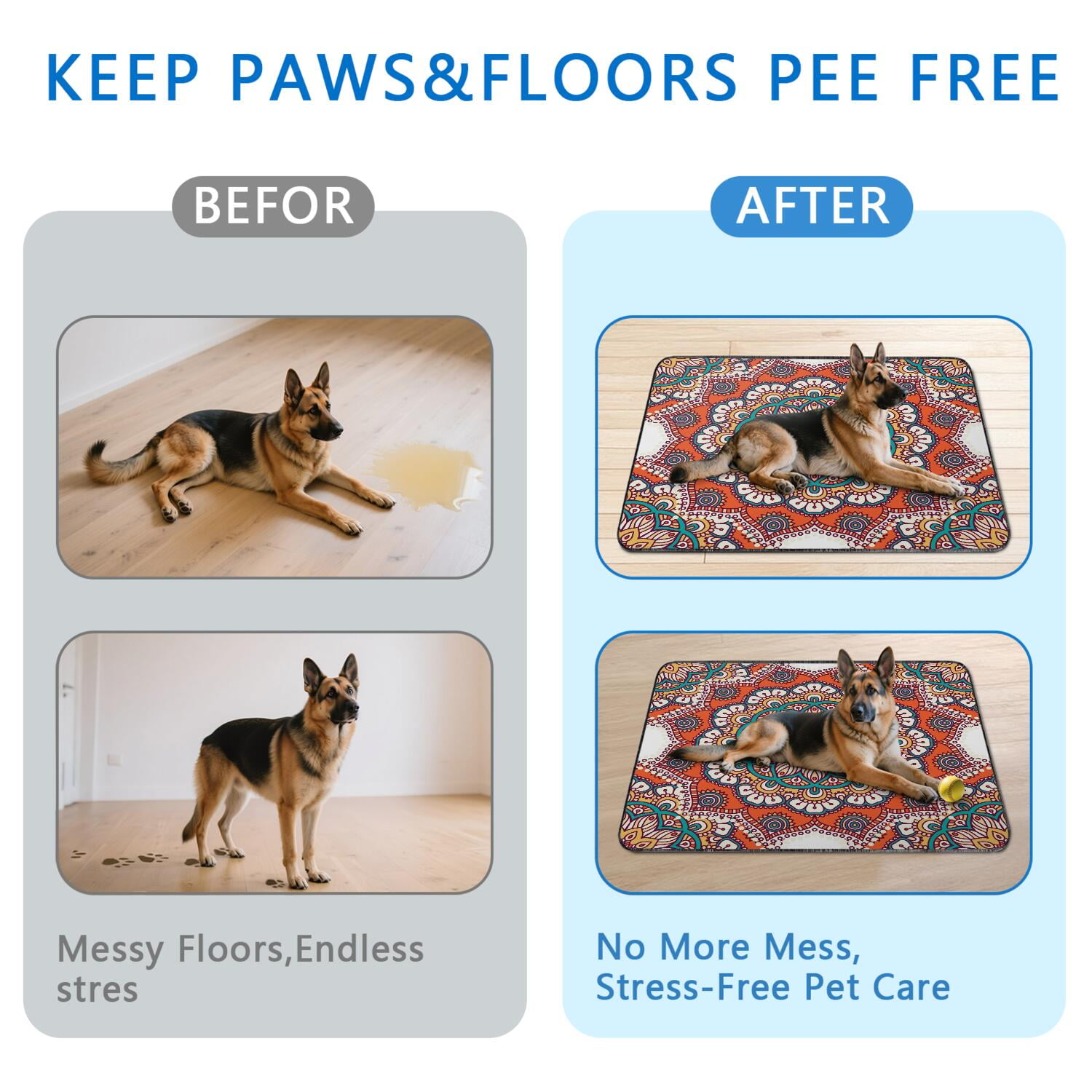 Mandala Washable Dog Pee Pads 48" x48", Reusable Potty Training Pads with Non-Slip Backing, for Indoor Use on Tile, Wood and Laminate Floors.