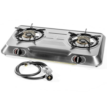XtremepowerUS Deluxe Propane Gas Range Stove 2 Burner Stainless Steel Cooktop Auto Ignition Camping High (Best Open Burner Range)