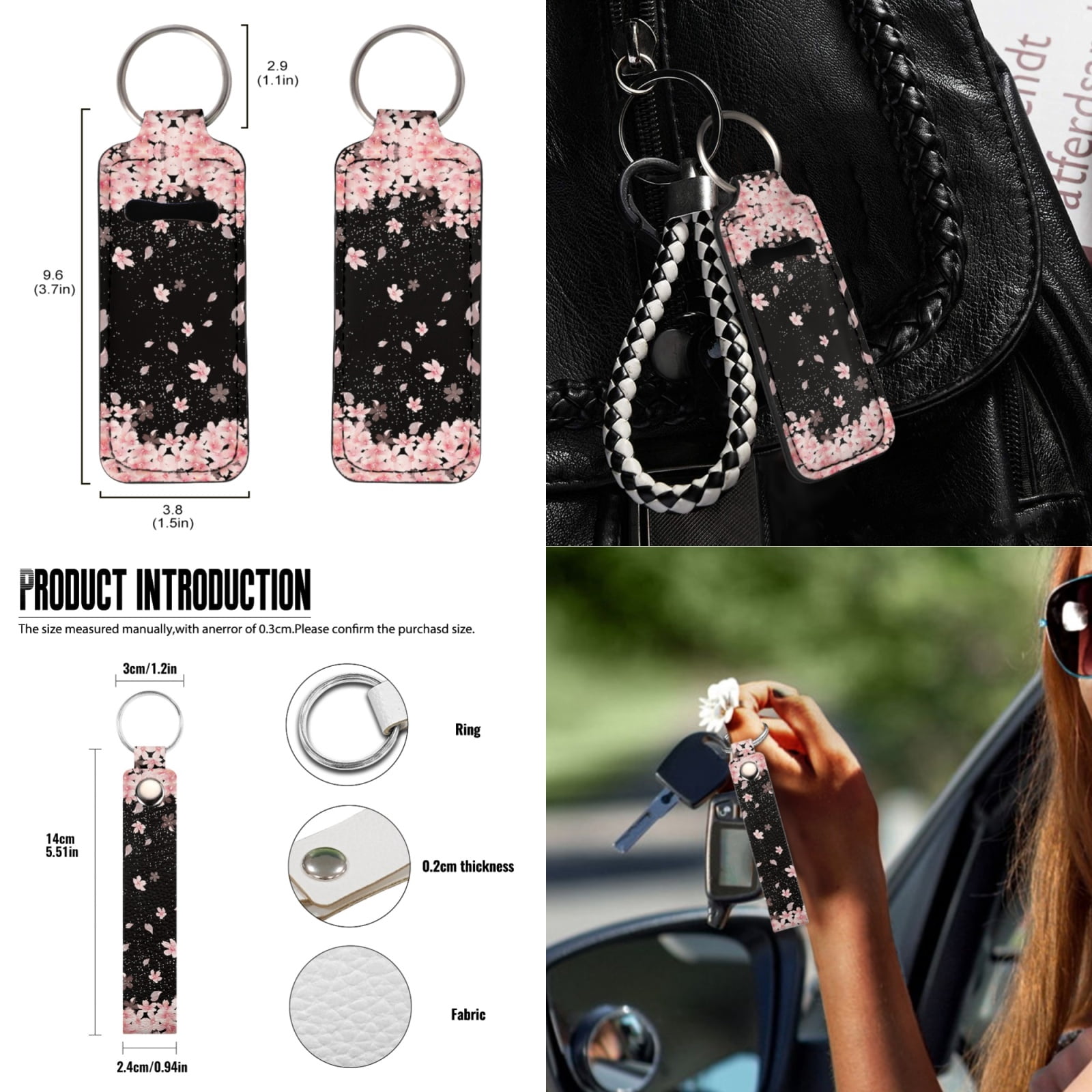 Jeiento Pink Cherry Blossom Car Interior Accessories Full Set Car Seat Covers Steering Wheel Seat Belt Covers Car Trash Can Coasters Rear View Mirror Covers Keychains Lipstick Covers Set of 13