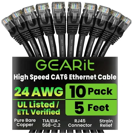 GearIt Cat 6 Ethernet Cable Cat6 Snagless Patch - Computer LAN Network Cord  Black - Compatible with 10 Port Switch POE 10port Gigabit price history on PriceWatchPro