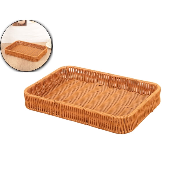 Woven Baskets Serving Trays with Handles, Plastic Imitation Wicker Bread Basket Rectangular Platters for Fruit, Vegetables, Breakfast, Snacks, Dining Coffee Table