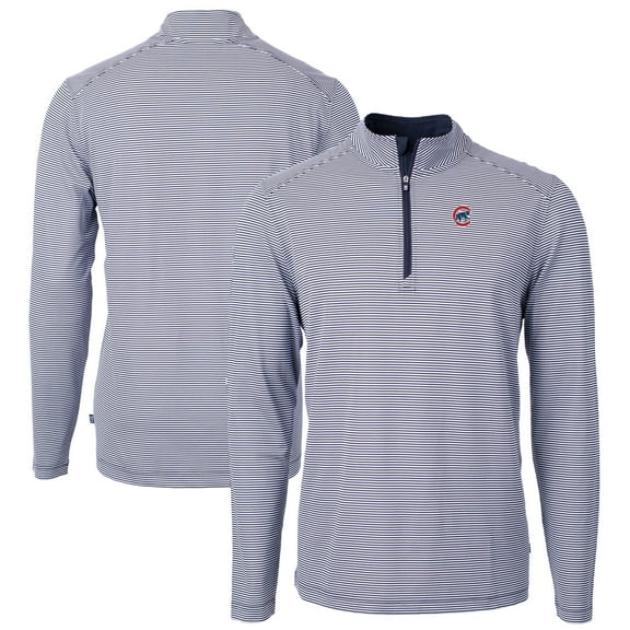 Men's Cutter & Buck Navy/White Chicago Cubs Virtue Eco Pique Micro Stripe Recycled Quarter-Zip Pullover Top