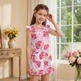 thumbnail image 4 of ZIATUBLE4S Pink Hibiscus Flower Print Girls Summer Playsuit Button Front One-Piece Short Jumpsuit Ruffle Trim Big Kids Casual Romper with Pockets for 11-12 Y, 4 of 6