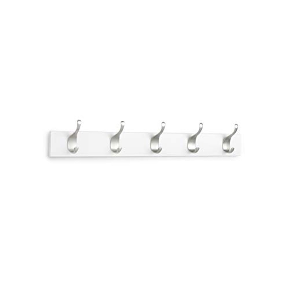 Basics Wall Mounted Modern Coat Rack, 5 Hooks, White, Set of 2