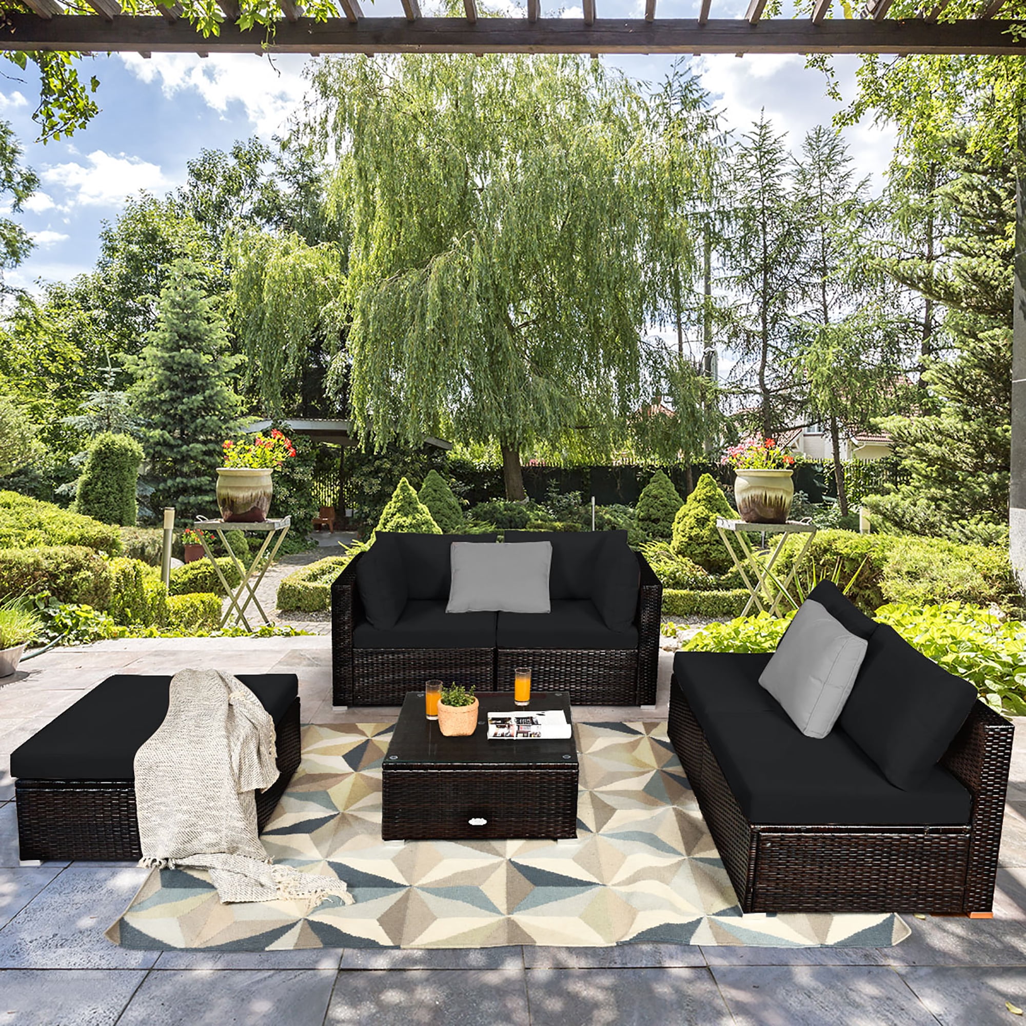 Costway 6PCS Outdoor Patio Rattan Furniture Set Cushioned Sectional Sofa Black
