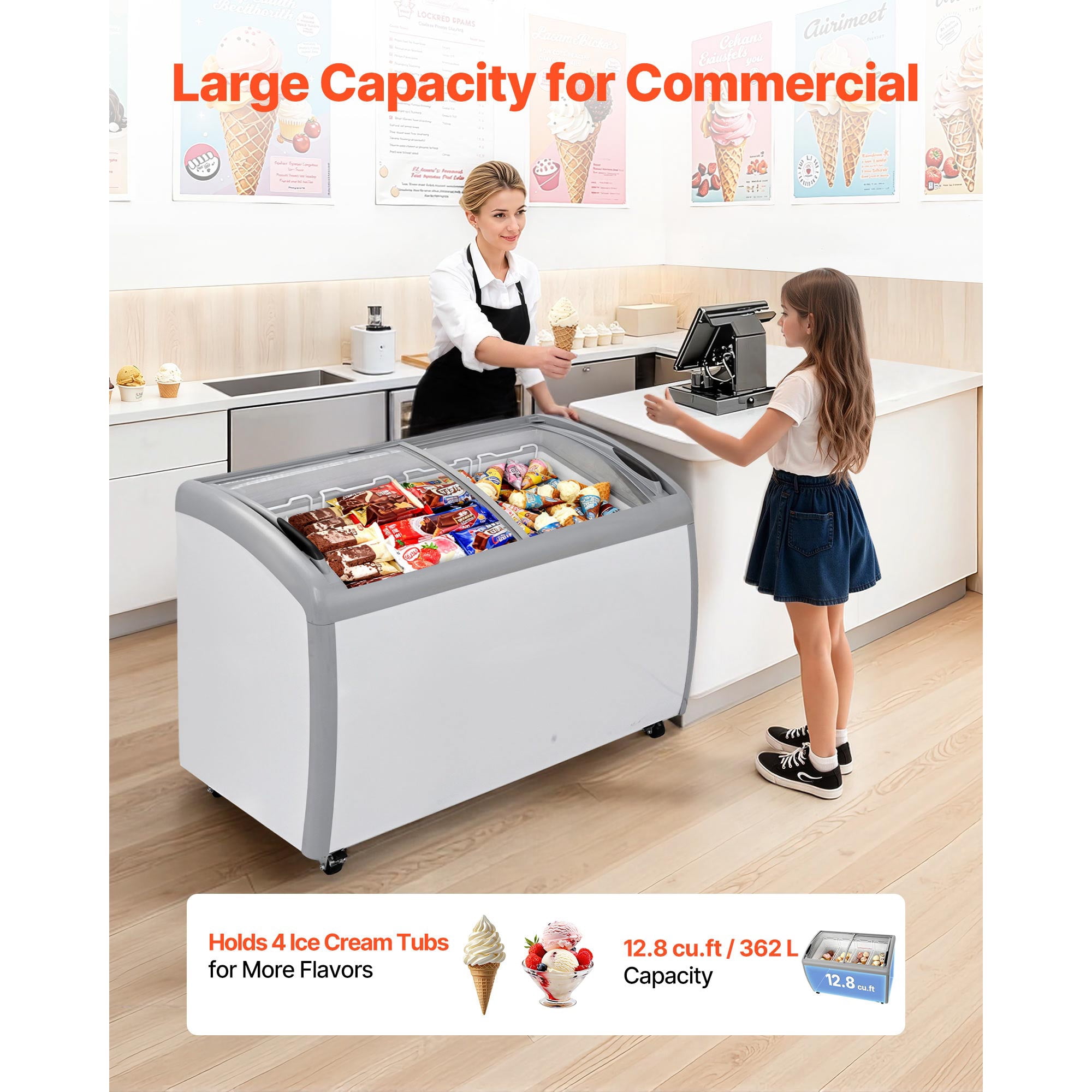 KFFKFF Commercial Ice Cream Display Case, 12.8 Cu.ft Chest Freezer, Adjustable Temperature Range from -19 to 3℉, Mobile Deep Freezer with 4 Wire Baskets, Sliding Glass Doors