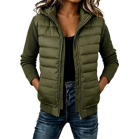 Enjoytime Quilted Jackets for Women Patchwork Knit Long Sleeve Zip Up Hooded Coat Warm Casual Lightweight Outerwear with Pocket