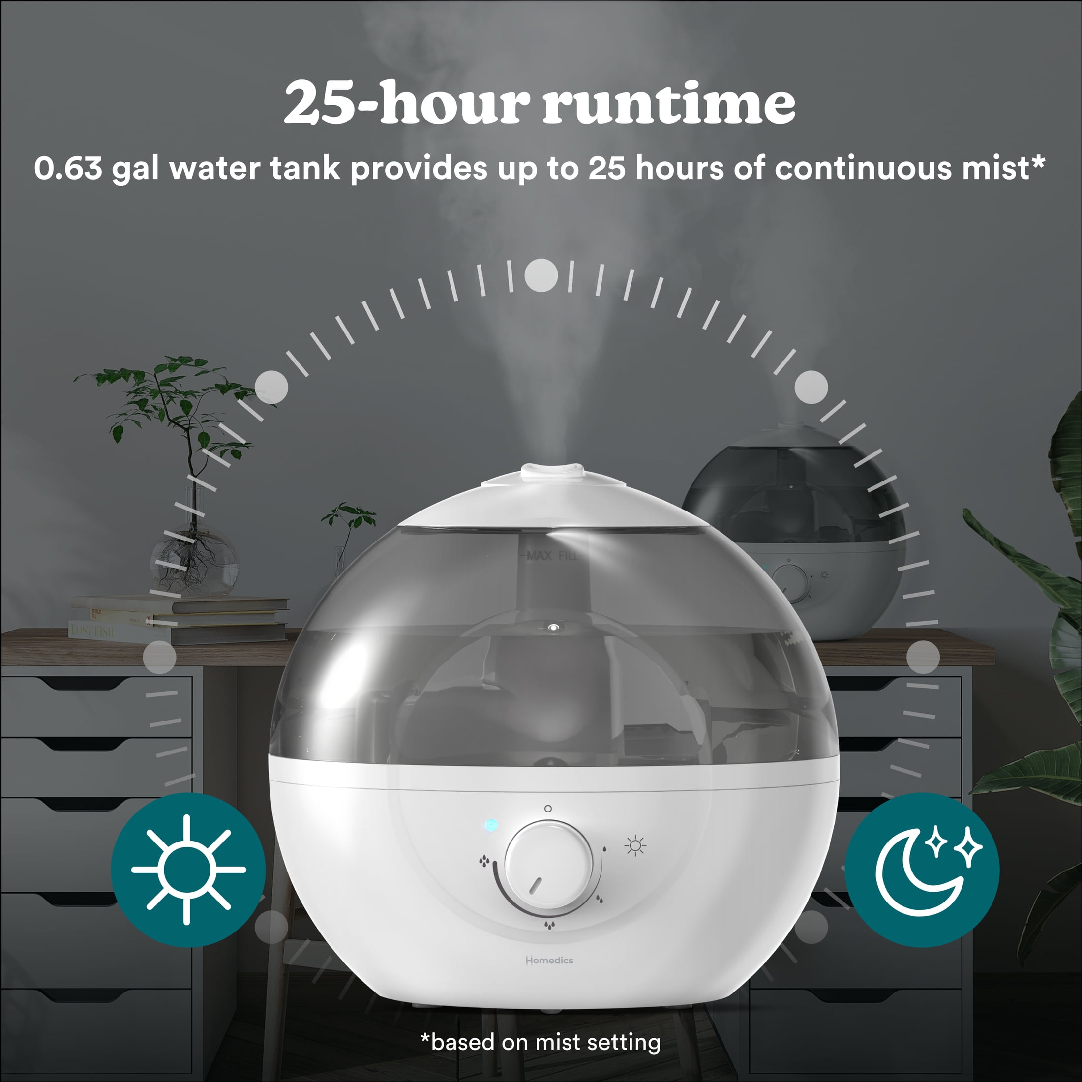 HoMedics Top-Fill Easy to Clean Ultrasonic Cool Mist Humidifier with Night Light and Aromatherapy: 300-500 sq. ft., No Filter Needed, 30-Hour Run Time