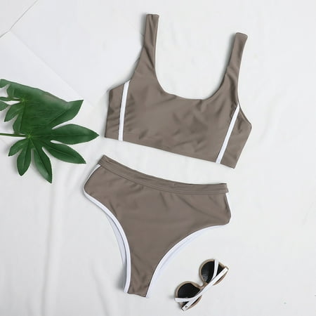 Ovticza Women s High Waisted Bikini Sets Sporty Two Piece Swimsuits Solid Color Cheeky High Cut Bathing Suits Gray S