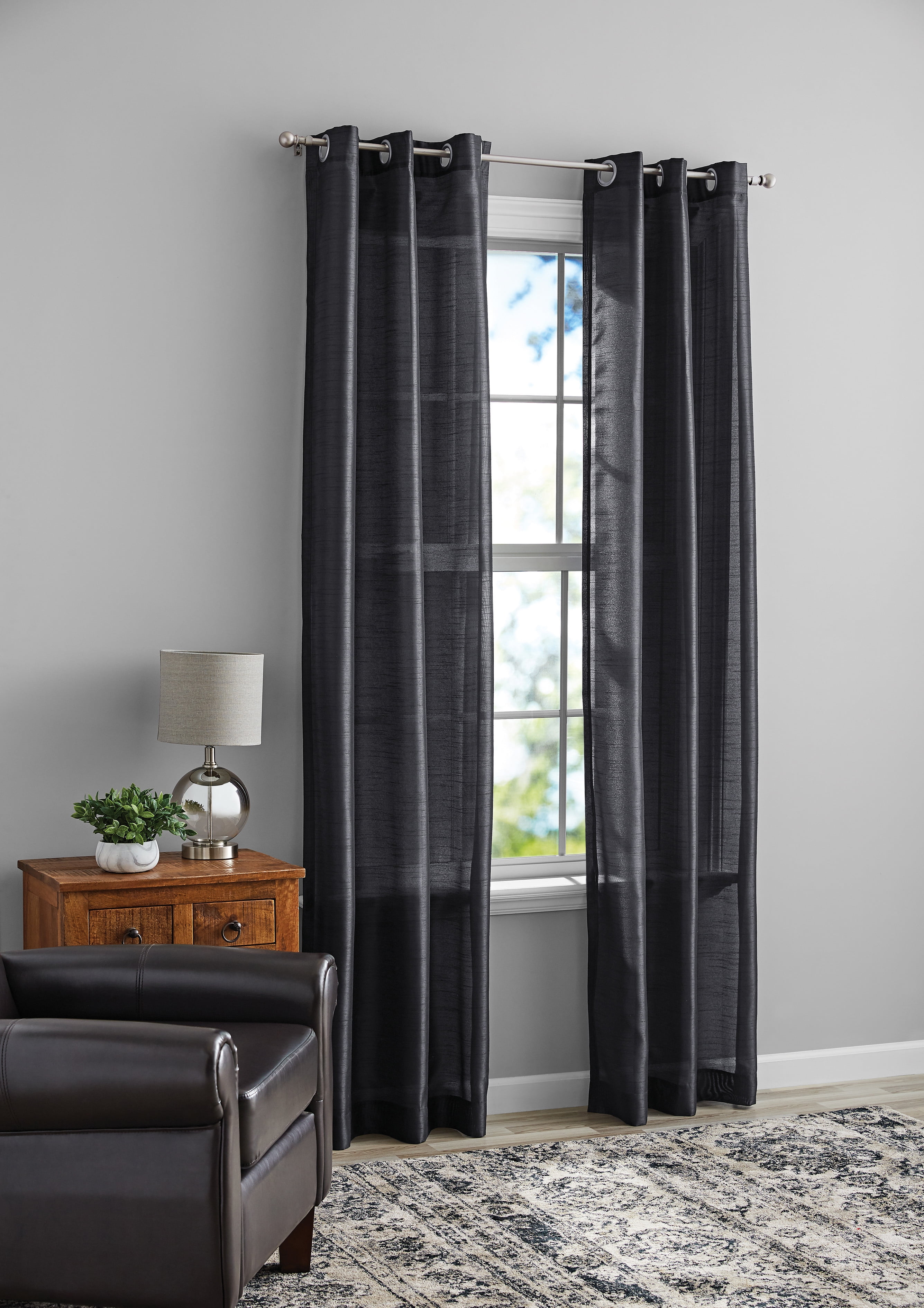 (1 pack) Mainstays Textured Faux Silk Light Filtering Grommet Curtain Panel, Set of 2, Black, 37” W x 84” L