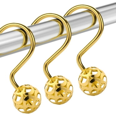 12pcs Stainless Steel Shower Curtain Hooks Decorative Shower Rings For Bathroom Curtain Hollow Ball Shower Curtain Hanger Rings Hooks Gold