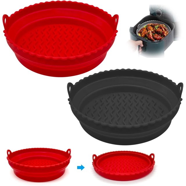 Jinsinto 2 Pieces Large Air Fryer Accessories, Collapsible Silicone Basket for Accessories for Air Fryer, Microwave, Cake Pan, Steamer, etc (Red + Black)