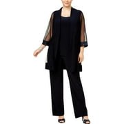 R&M Richards Womens Plus Embellished Sheer Pant Suit Navy 18W